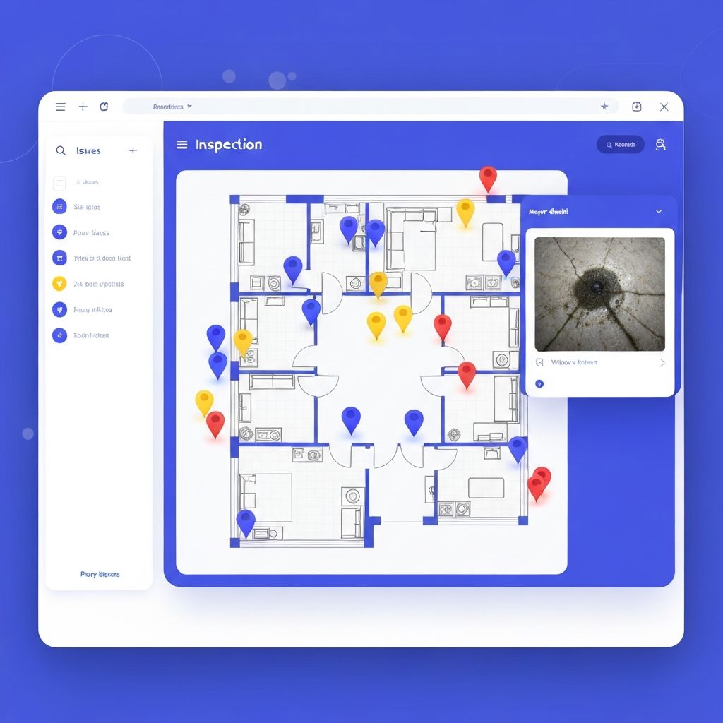 Close List home inspection mapping interface showing a floor plan with issue markers, photos, and detailed reports